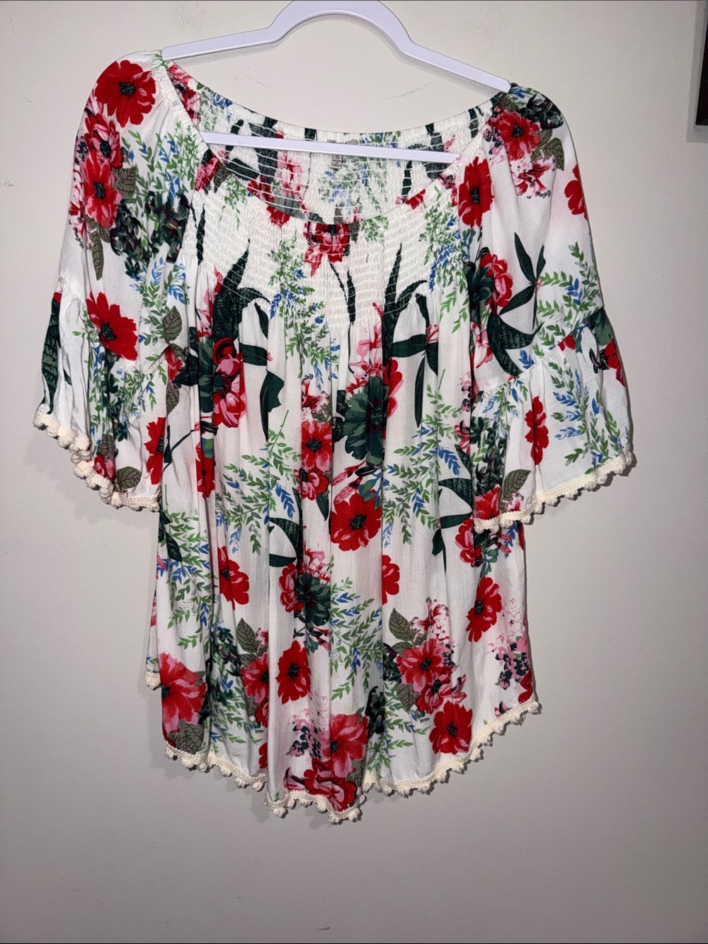 JODIFL White Off-Shoulder Tunic with Red Floral Print
